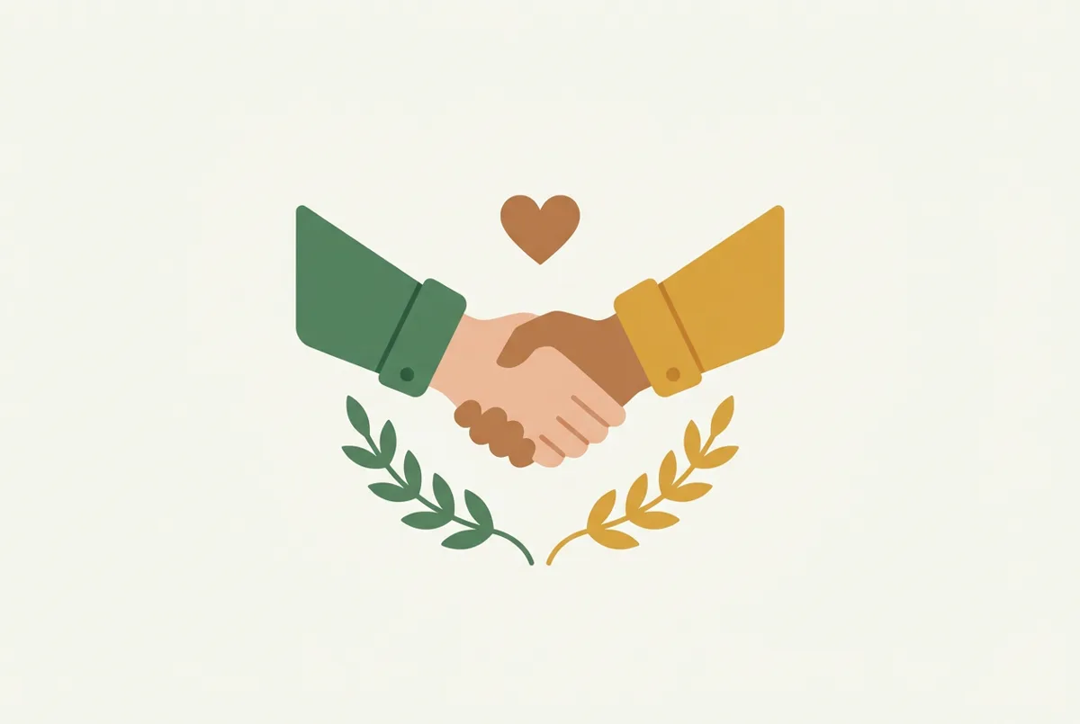 A handshake framed by laurels — trust-first marketing