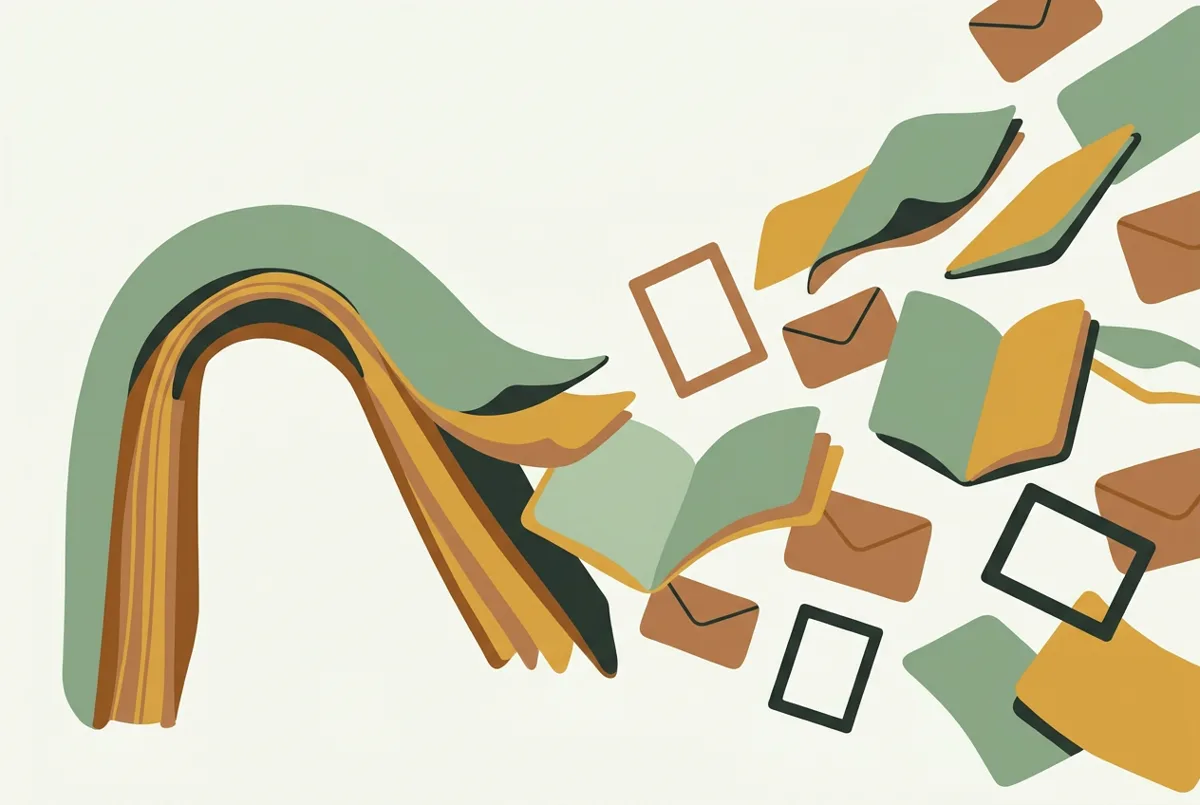 One book multiplying into many pages, emails, and posts