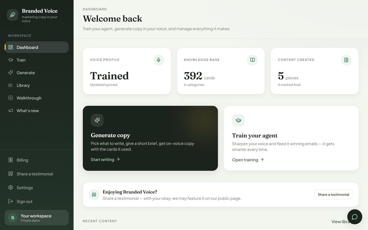 A trained Branded Voice workspace: voice profile trained, 392-card knowledge base, generate and train cards