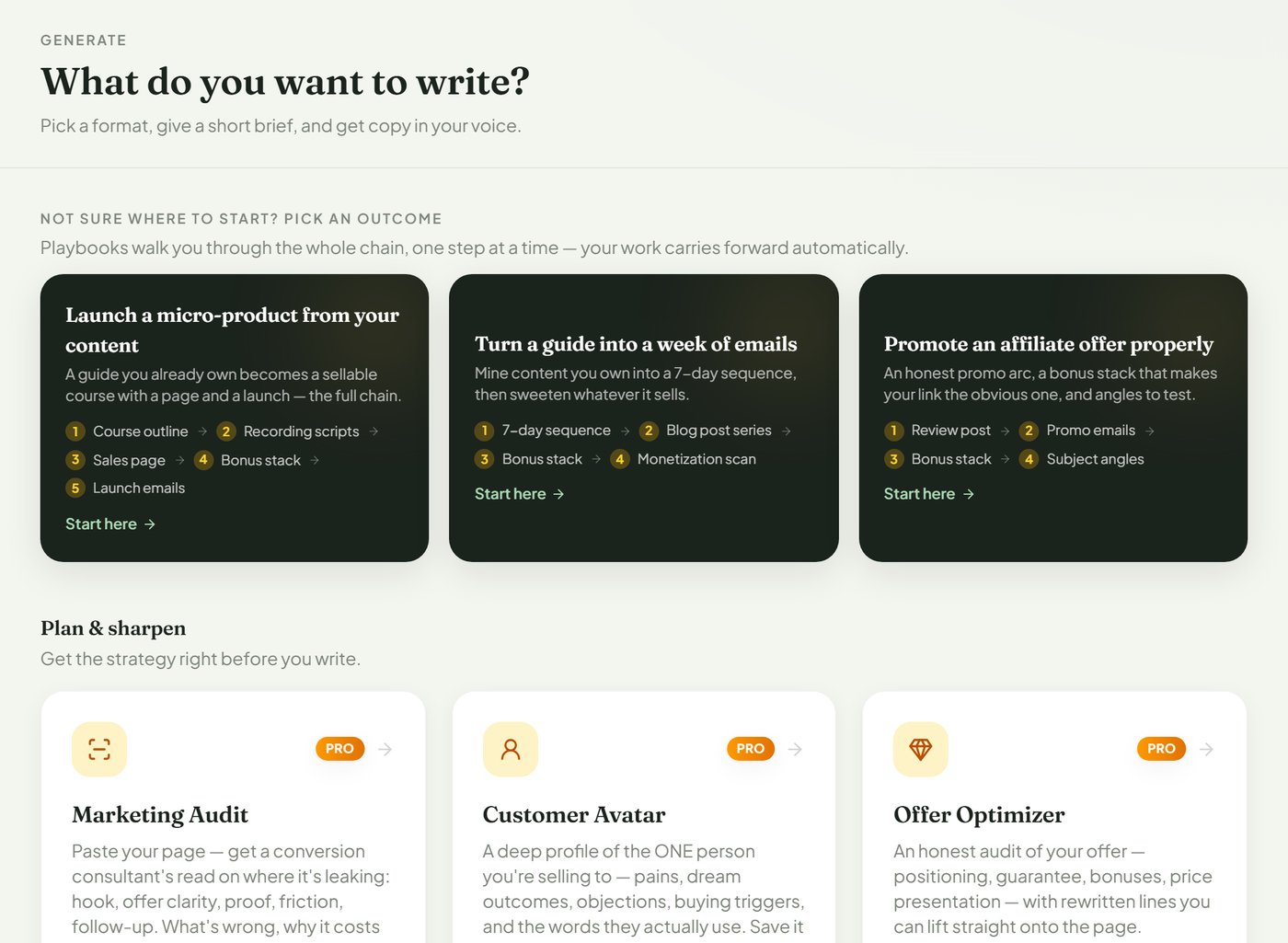 The Generate page: guided playbooks above the Plan & sharpen row with Marketing Audit, Customer Avatar and Offer Optimizer