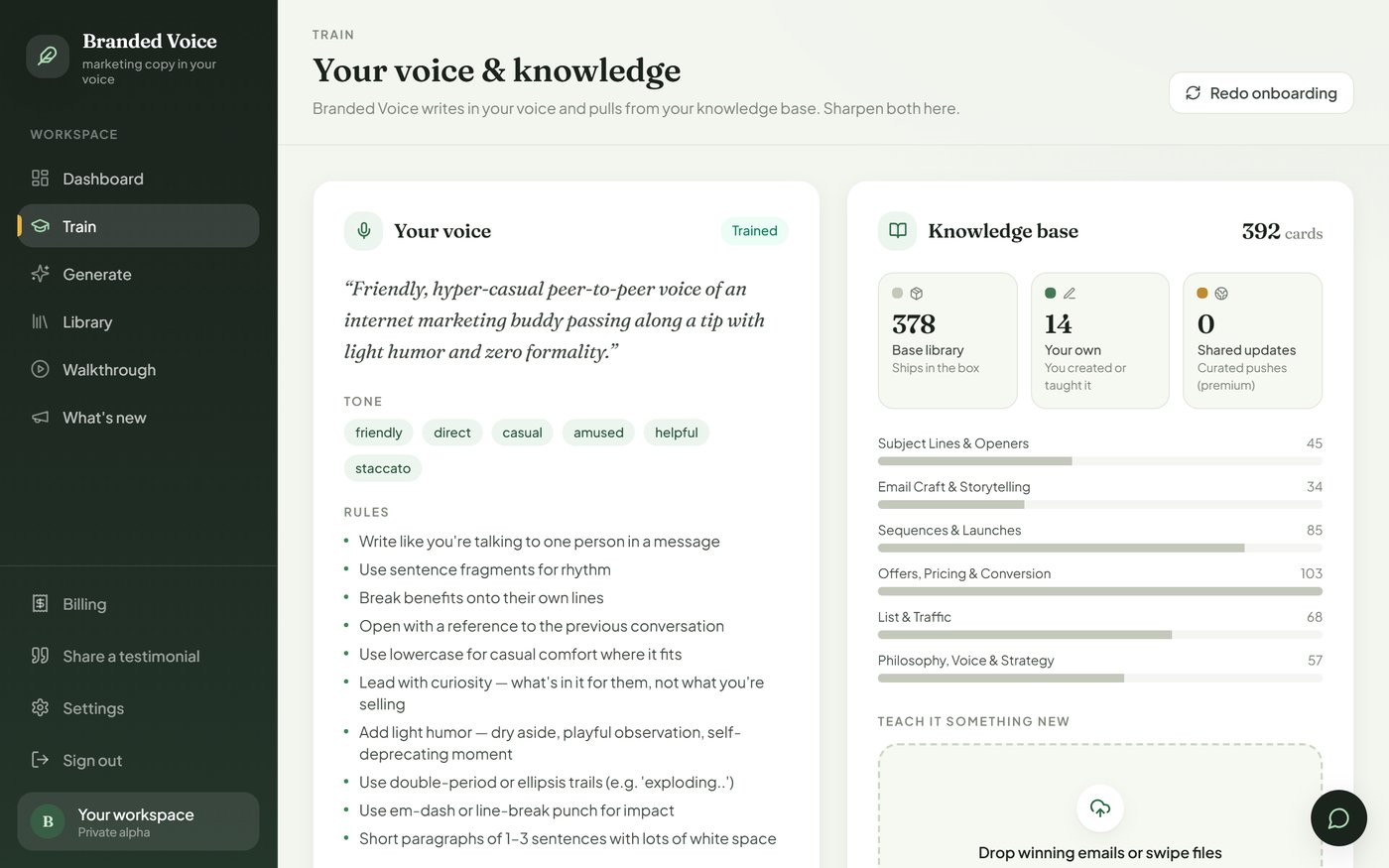 The Train page: a real voice profile with tone chips and writing rules beside a categorized knowledge base