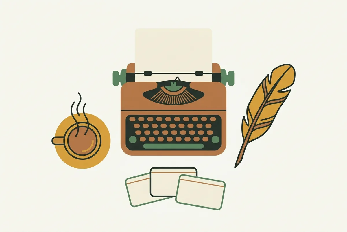 A writer's desk with a typewriter, quill, and pattern cards